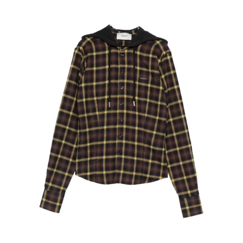 Coperni Übergangsjacke Plaid Brown Shirt With Hood And Button-Down Detail Black