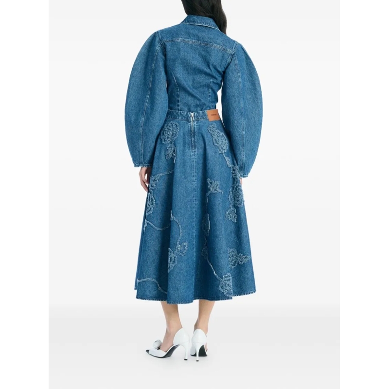 Rotate Maxirock Flared Blue Midi Skirt With Intricate Floral Embro Blue(Image 7)