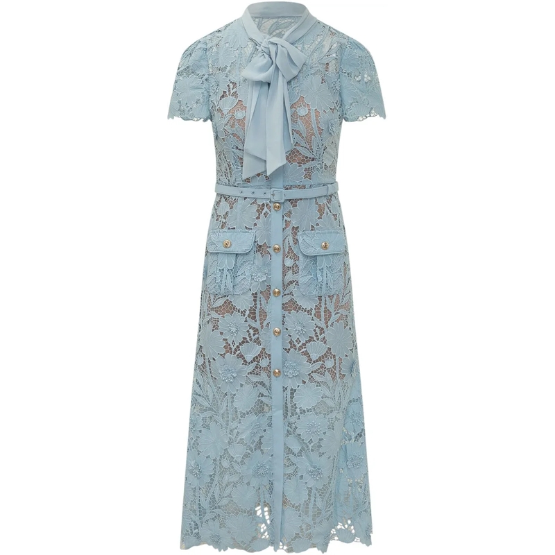 Self Portrait Maxikleid Abito Midi in Pizzo con Fiocco hellblau