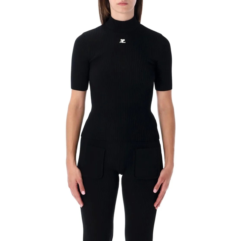 Courrèges Trui met col Red Rib-Knit Short-Sleeve Sweater Black