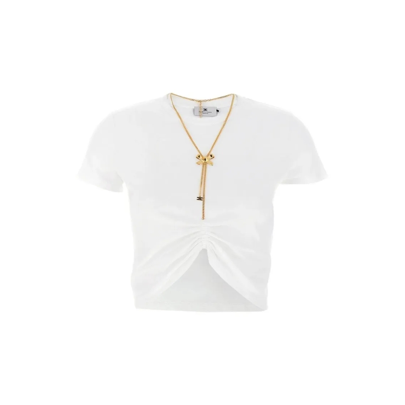 Elisabetta Franchi T-shirt Fitted Cotton Knit Top With Ruched Detail White