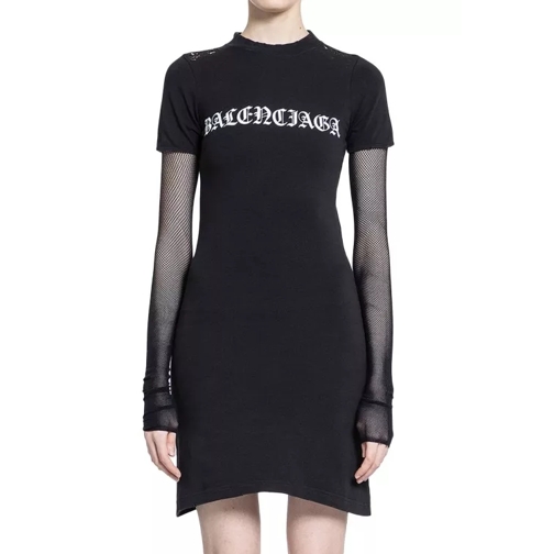 Balenciaga Gothic Logo Mesh Sleeve Dress Black 