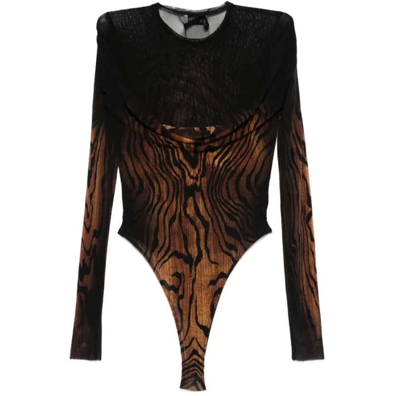 Jean Paul Gaultier T-Shirt Mesh Body Double Layer Printed "wood" Black/brown schwarz