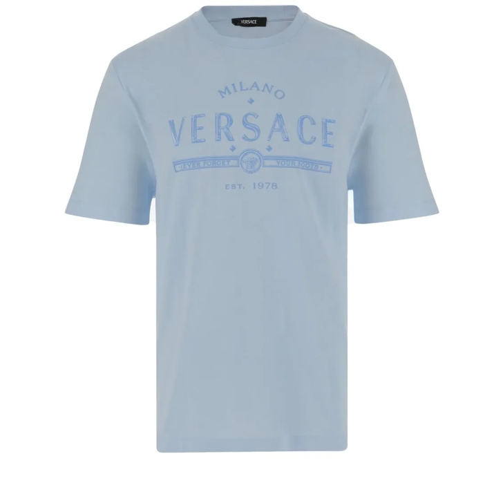Tシャツ・カットソー Versace Light Blue Cotton T-Shirt Versace Light Blue Cotton T-Shirt With Logo Print Blue | T