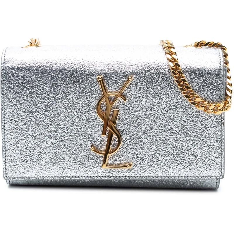 Saint Laurent Schultertasche Small Metallic Calfskin Classic Monogram Kate Cros silber