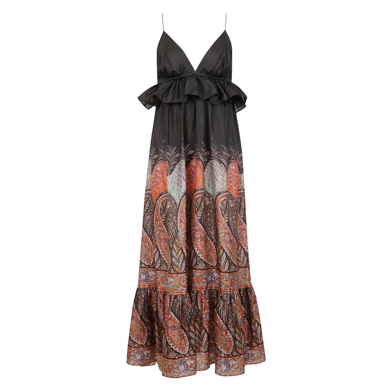 Zimmermann  Long Silk Dress With Paisley Print And Ruffle Deta Brown