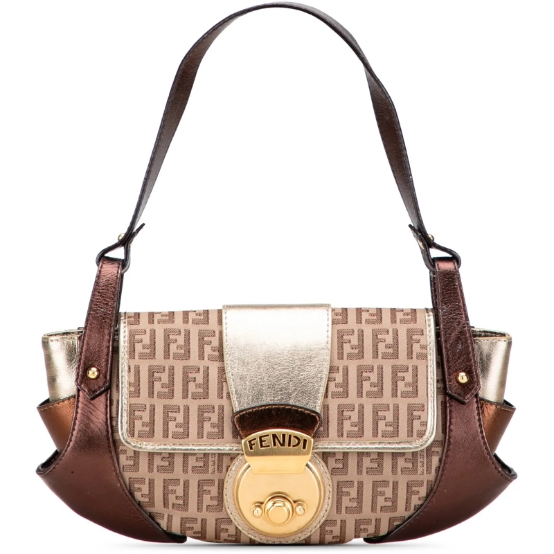 Fendi Schultertasche Zucchino Canvas and Metallic Leather Compilation S braun