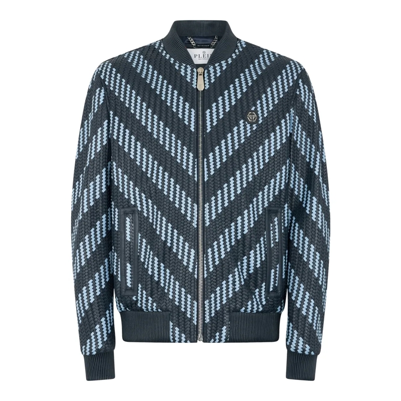 Philipp Plein Lederjacke Weaved Leather Bomber Stripes schwarz