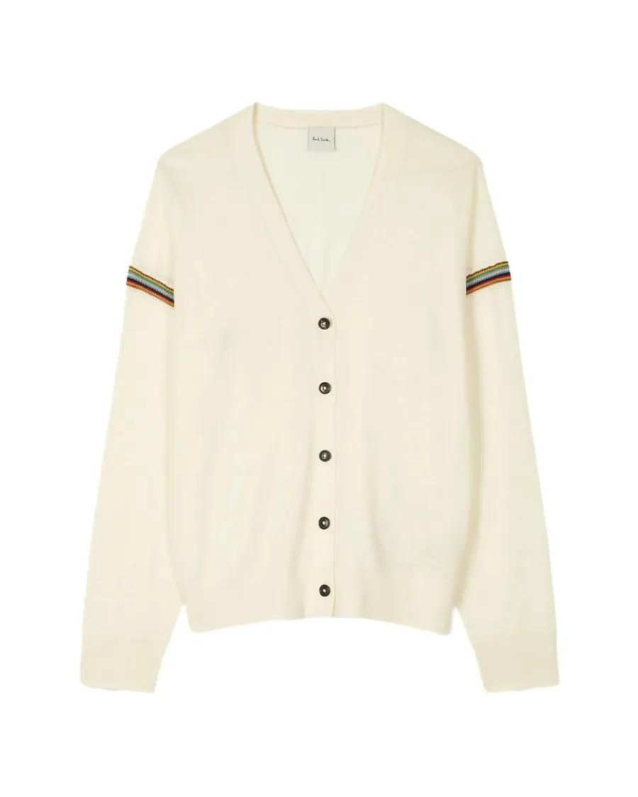 Thumbnail - Paul Smith - Cream V-Neck Cardigan With Signature Stripe Trim - Größe L - beige