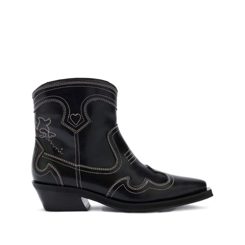 GANNI Stiefel Pointed Toe Ankle Boots With Western-Inspired Deta Black