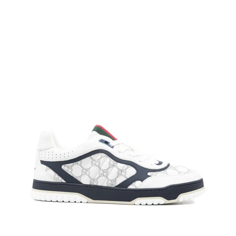 Gucci Low-Top-Sneaker White Calfskin Flat Shoes With Navy Overlays White
