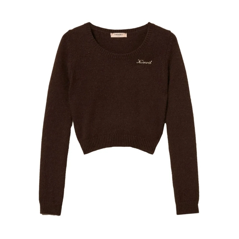 Twin-Set Pull Cropped Long-Sleeved Sweater With Fuzzy Texture Brown