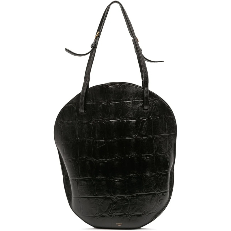 Celine Schultertasche Croc Embossed Leather Curved Shoulder Bag schwarz