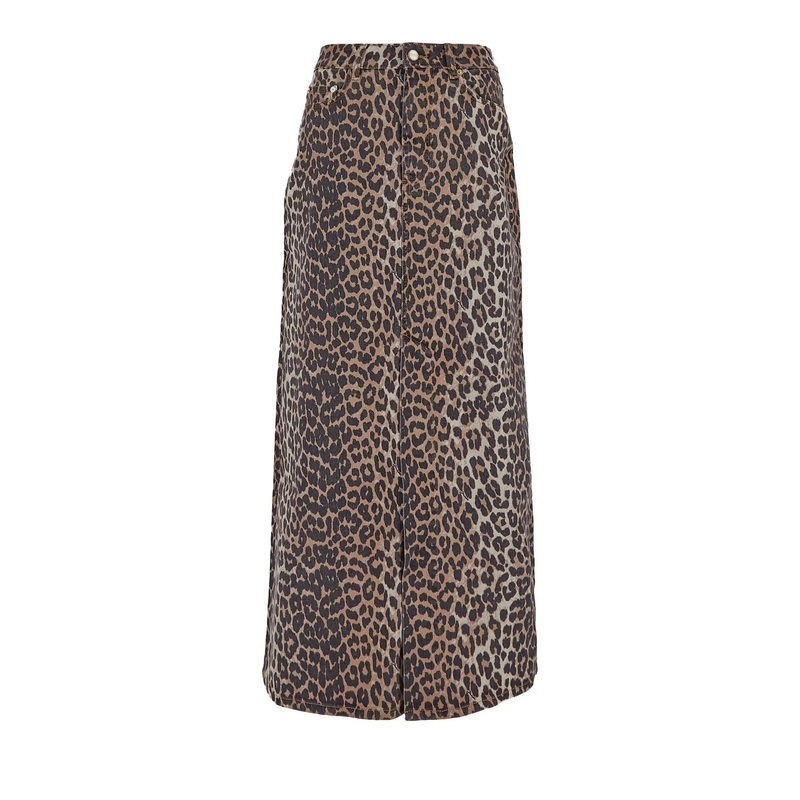 GANNI Maxirock Long Denim Skirt With Leopard Print mehrfarbig