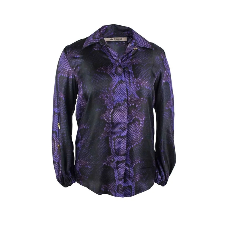 Roberto Cavalli Overhemd Purple Silk Shirt With Snake Skin Print Black