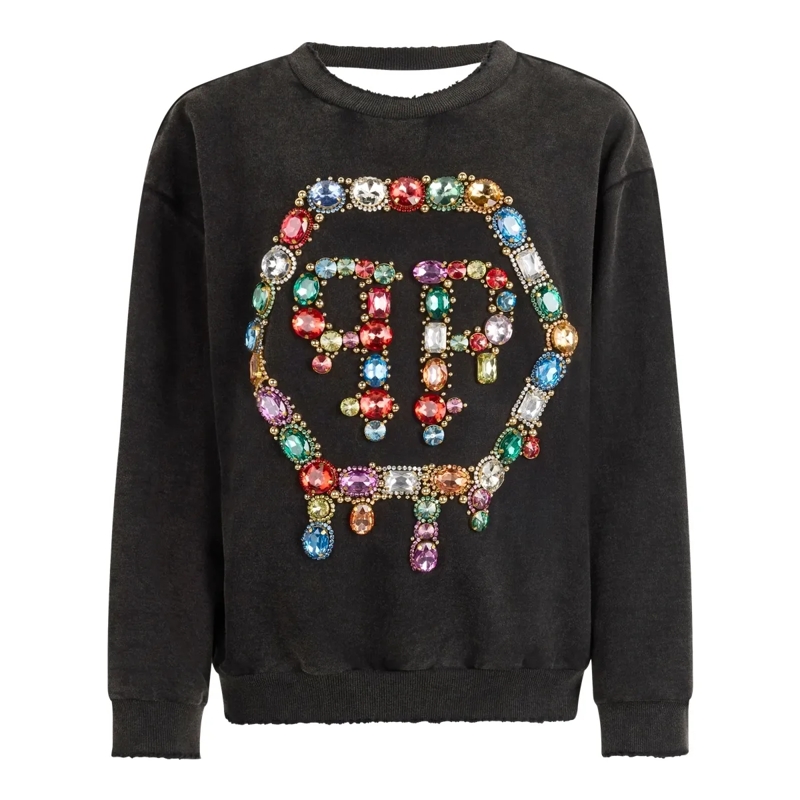 Philipp Plein Top Open Back Sweatshirt Hexagon Stones schwarz