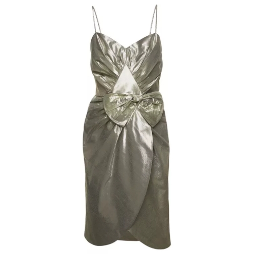 Maison Margiela Midi Ivory Dress With Bow Detail In Metallic Lurex Grey 