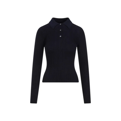 Theory Slim Ribbed Dark Navy Viscose Polo Blue Hauts à manches longues