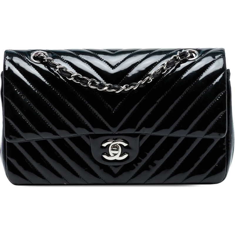 Chanel Schultertasche Medium Classic Chevron Patent Double Flap blau