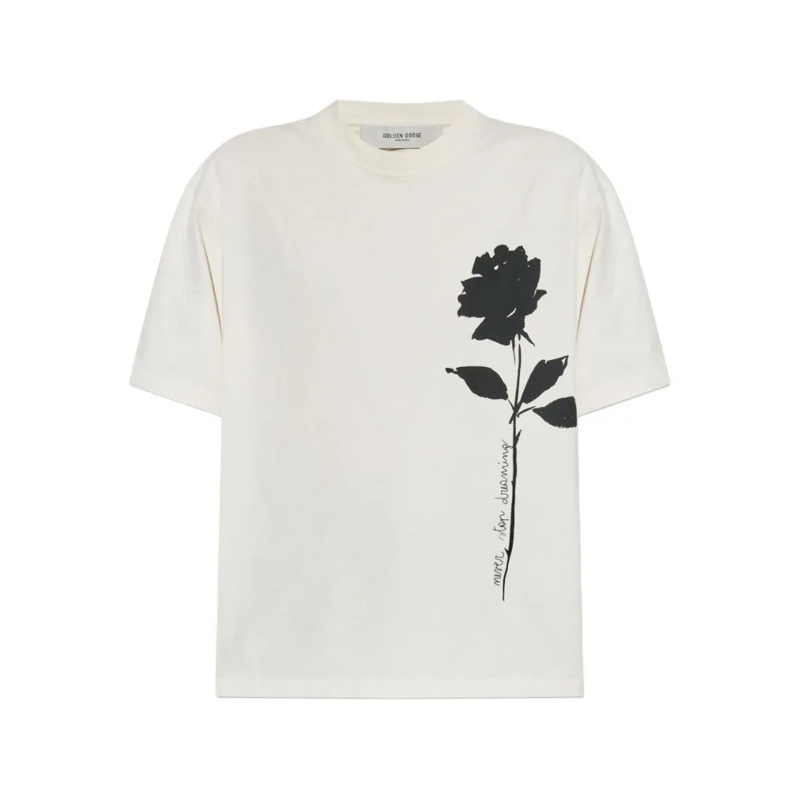 Golden Goose T-shirt Oversized T-Shirt With Black Rose Graphic And Meta White