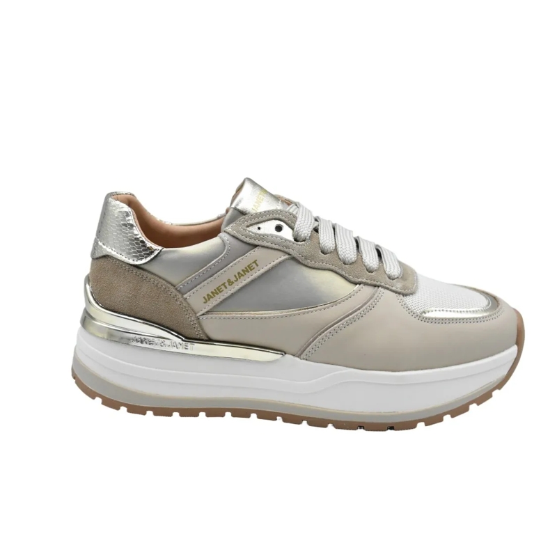 Janet & Janet Low-Top-Sneaker Beige Platform Sneakers With Metallic Accents Grey