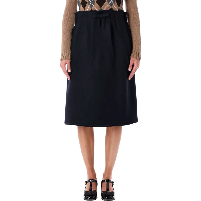 Prada Midirok Chevron Wool Midi Skirt With Bow Detail Black