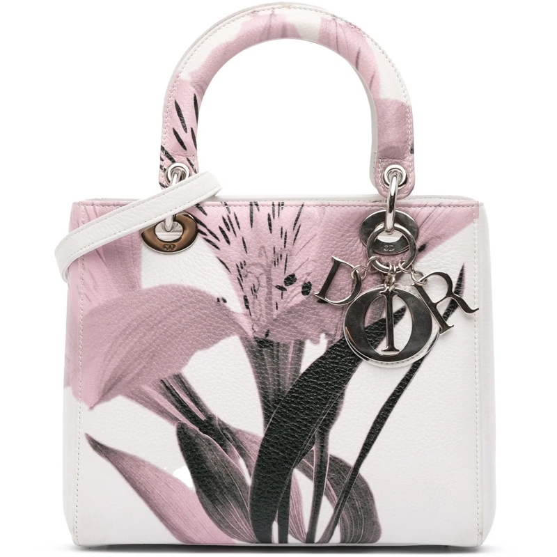 Christian Dior Schultertasche Medium Deerskin Floral Printed Lady Dior weiß