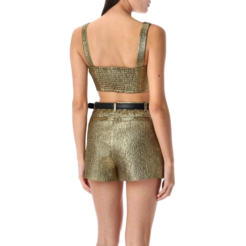 Self Portrait Top Metallic Jacquard Crop Top Gold