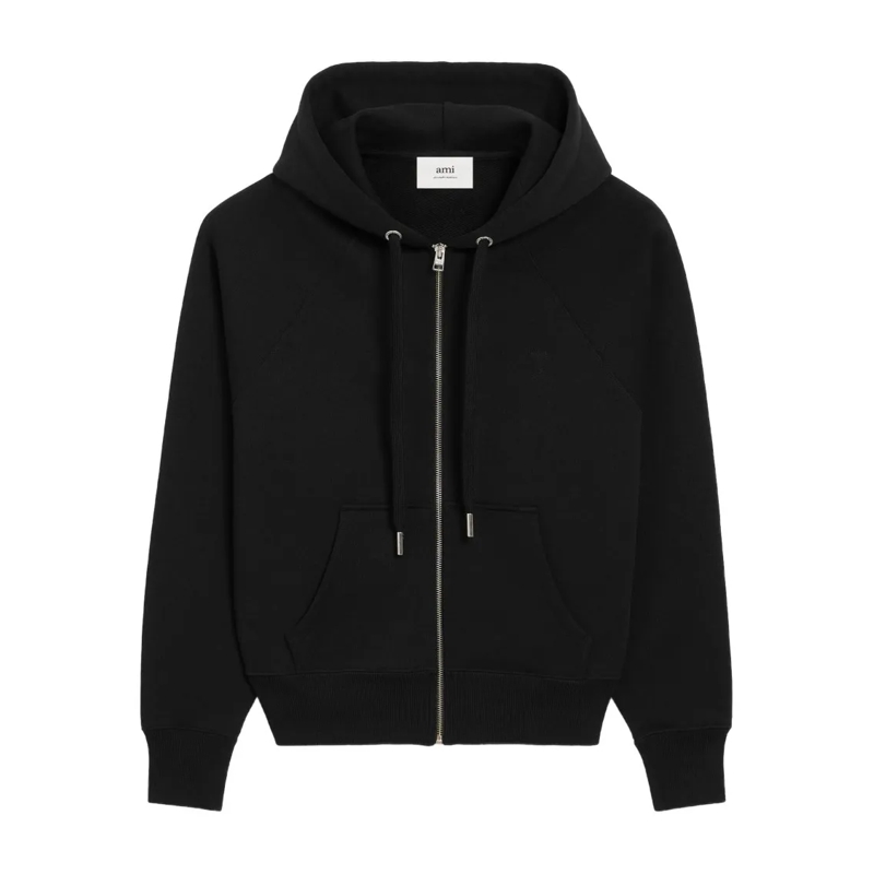 AMI Paris  Black Zip-Up Hoodie With Drawstring Hood Black