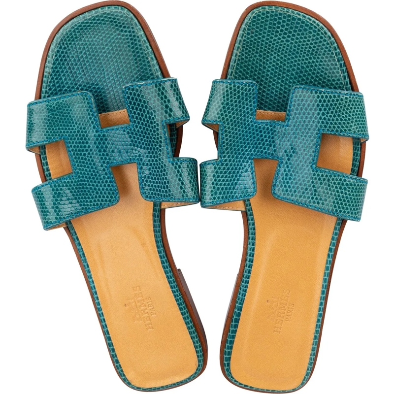 Hermès Sandalen Hermes Bleu Lizard Leather Oran Sandals (36) blau