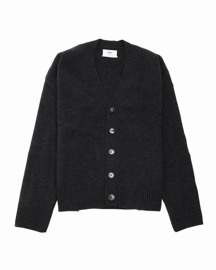 Thumbnail - AMI Paris - Classic V-Neck Cardigan With Cashmere Elbow Patche - Größe M - schwarz