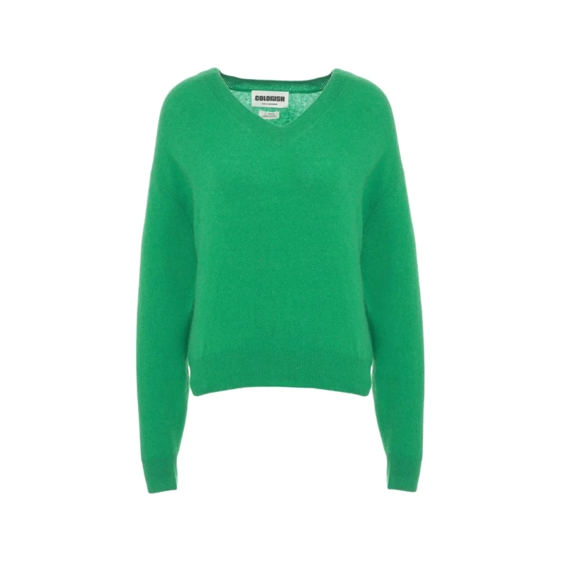 Crush Pullover V-Neck Cashmere Sweater With Ribbed Trims Green