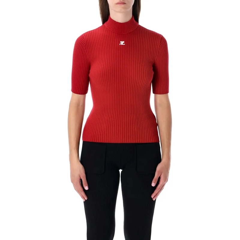 Courrèges Rollkragenpullover Red Rib-Knit Short-Sleeve Sweater Red