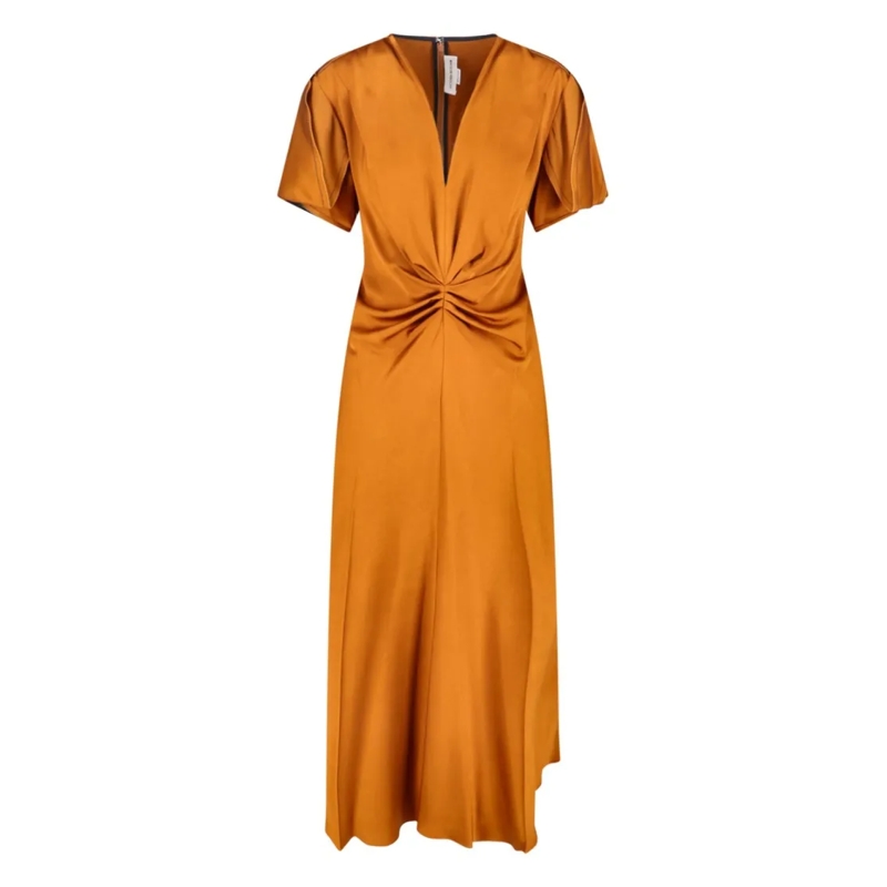 Victoria Beckham Midi-jurk Draped Midi Dress With V-Neckline Orange