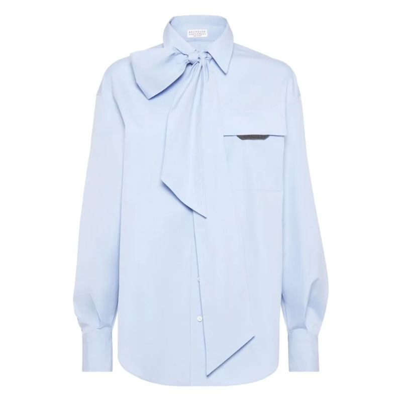 Brunello Cucinelli Hemd Light Blue Shirt With Oversized Bow Tie And Relaxe Blue