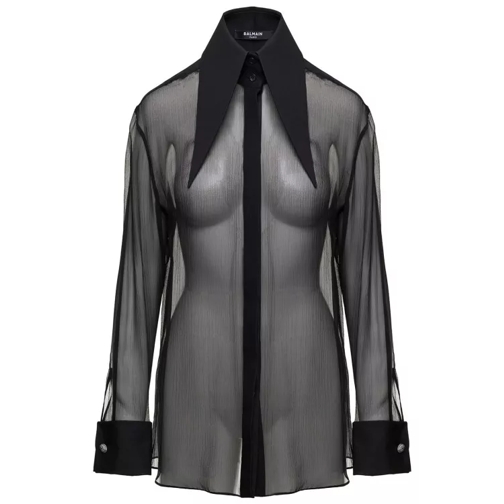 Balmain Black Shirt With Oversized Pointed Collar In Silk Black 