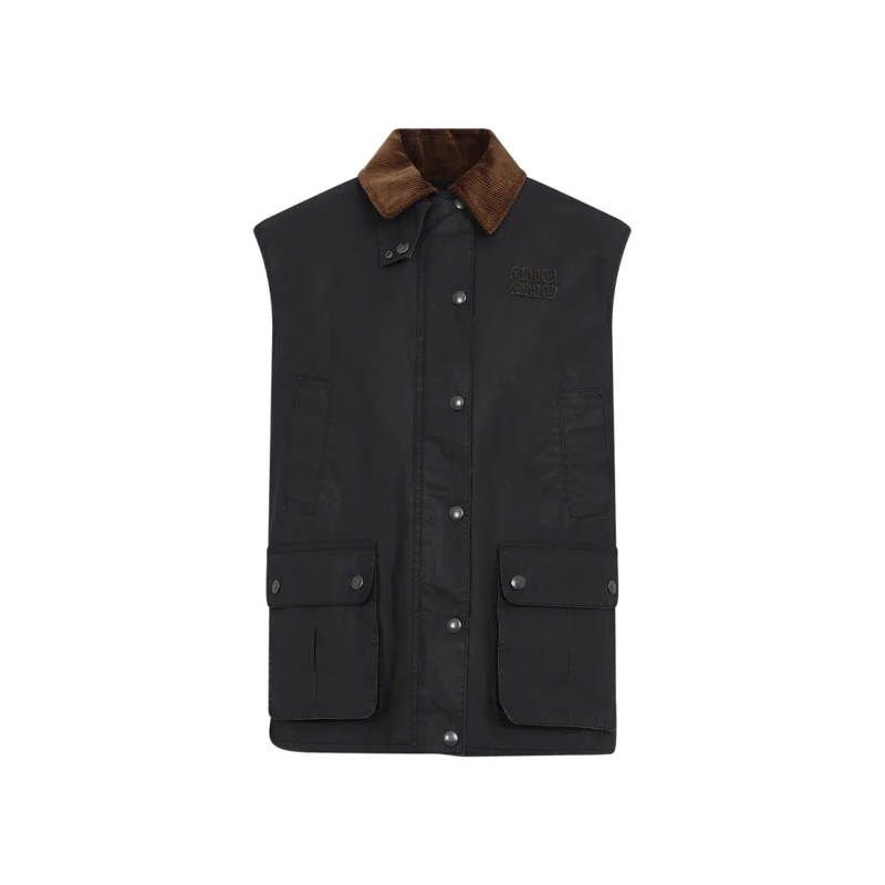 Miu Miu Overgangsjas Relaxed-Fit Black Cotton Jacket With Brown Corduro Black