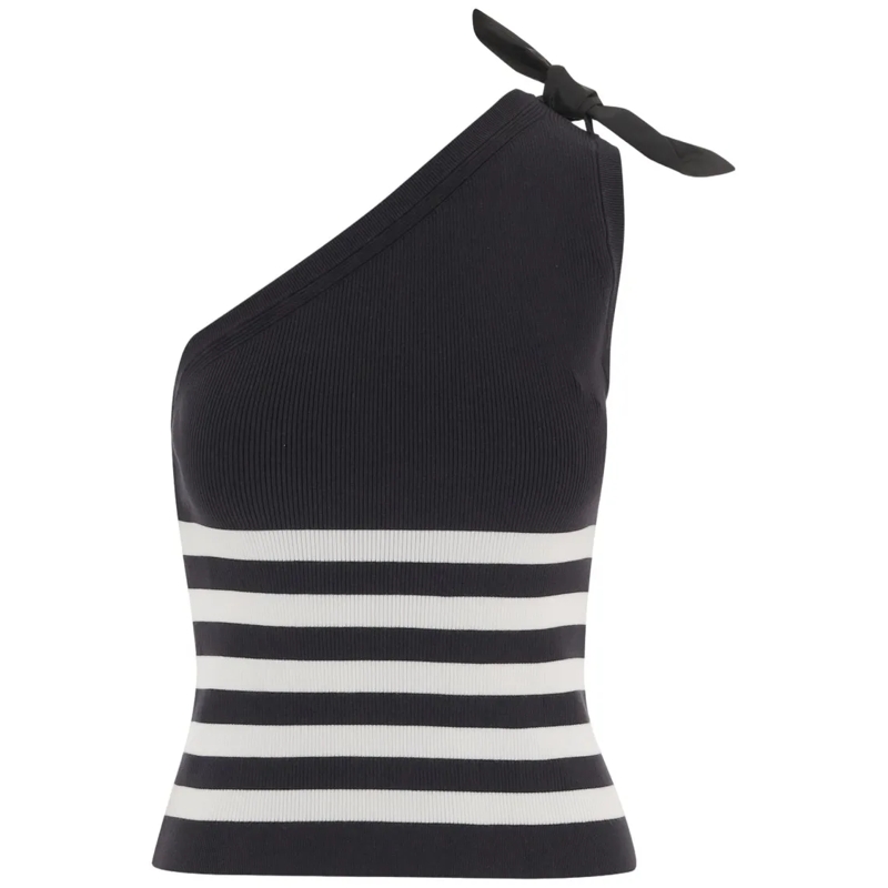Patou Elegantes Top Diagonal One-Shoulder Top With Striped Pattern Black
