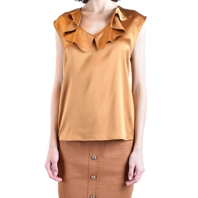 Pinko Blouse Multicolored Silk Top With Ruffled V-Neckline Neutrals