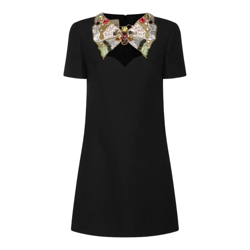 Valentino Garavani Mini-robe Short-Sleeved Dress With Embellished Butterfly App Black