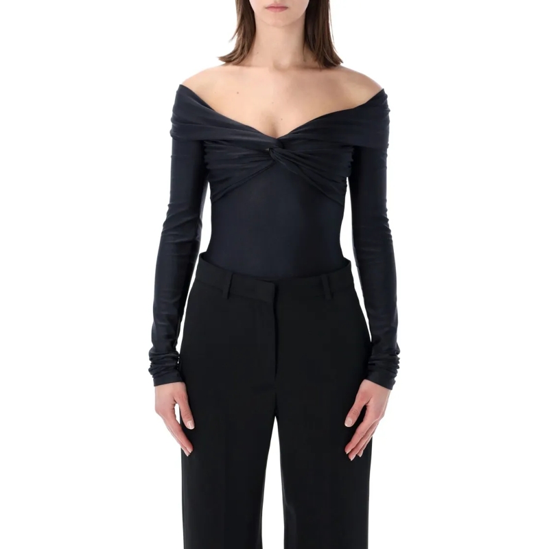 Andamane  Stretch Off-Shoulder Draped Bodysuit Black