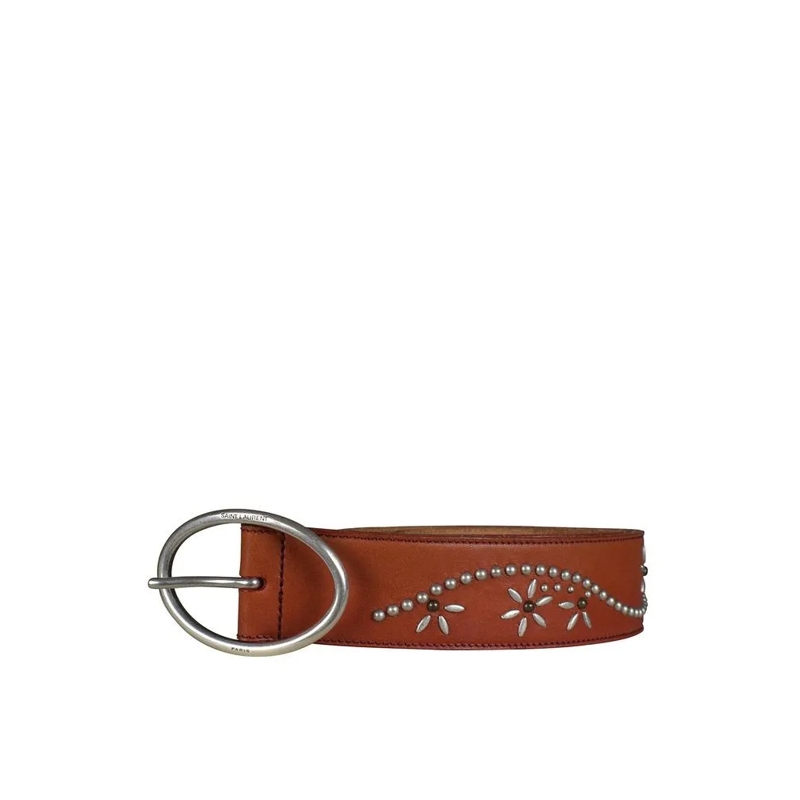 Saint Laurent Riem Brown Leather Belt With Silver Flower Studs Red