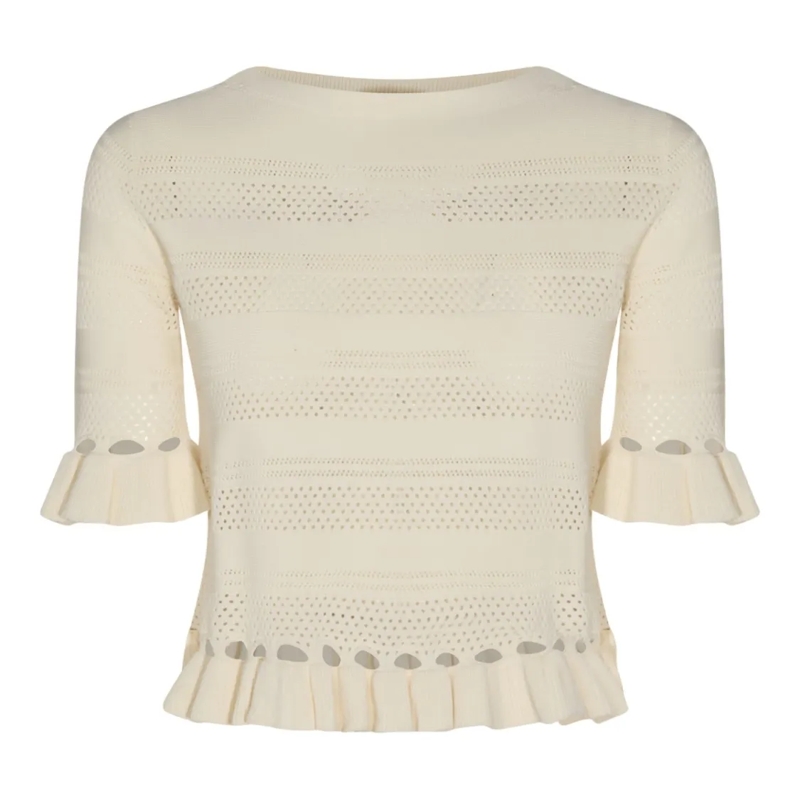 Twin-Set Pullover Round Neck Sweater With Ruffled Trim Grey