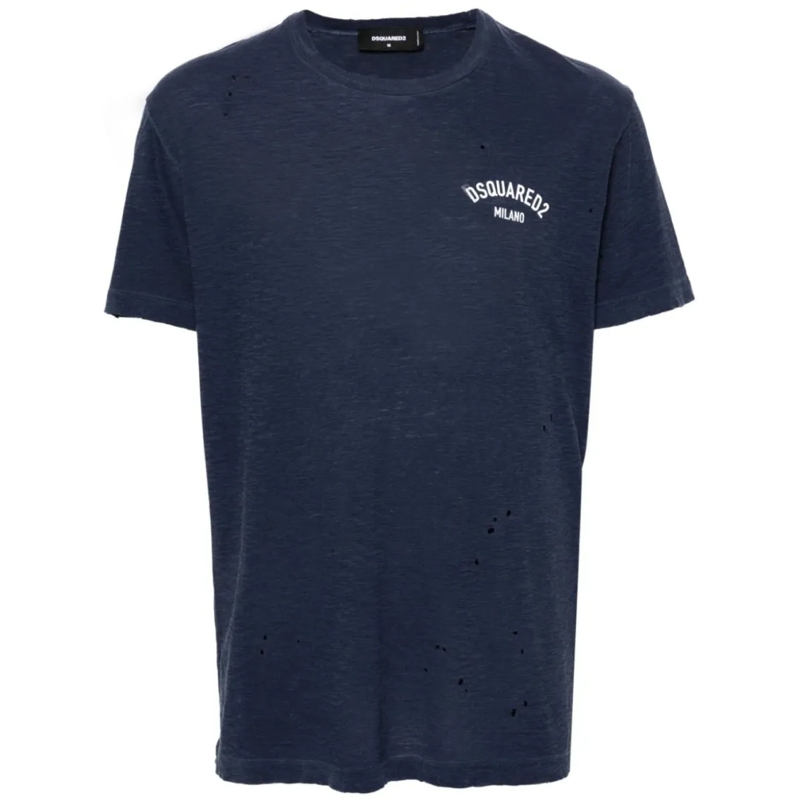 Dsquared2 T-shirt Navy Blue Distressed Cotton Blend T-Shirt Black