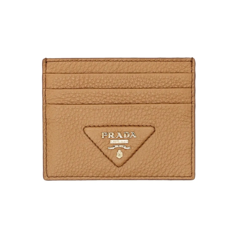Prada Geldbörse Textured Leather Card Holder With Gold-Tone Emblem Neutrals