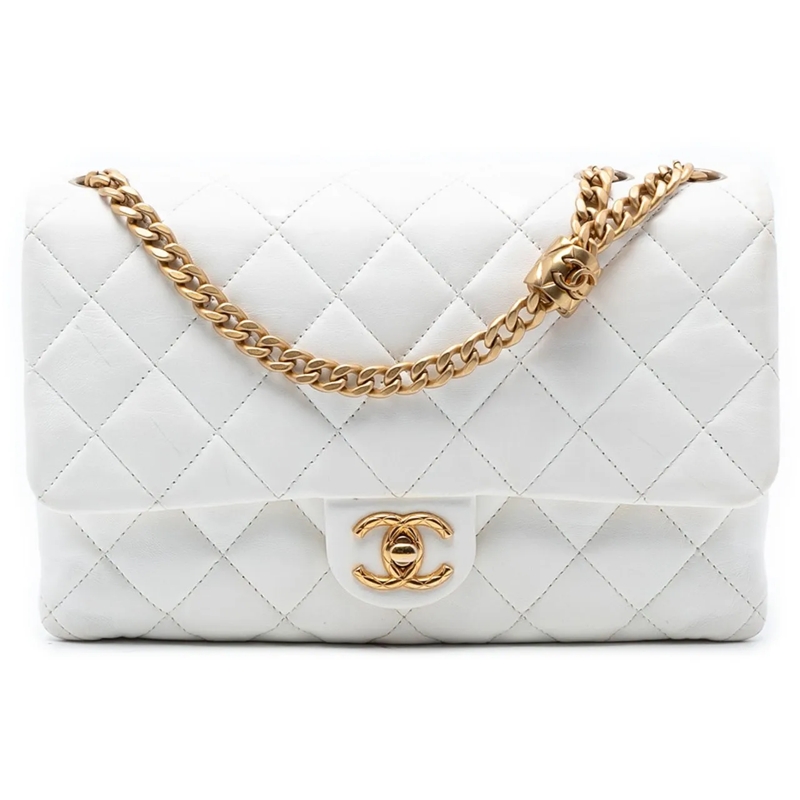 Chanel Schultertasche Medium Quilted Lambskin CC Single Flap weiß