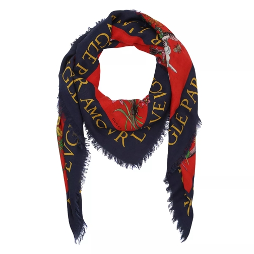 Gucci Flora Snake Print Wool Silk Shawl Red/Blue Neckerchief