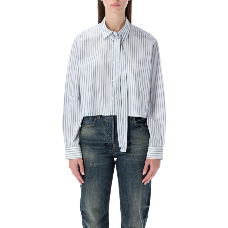 Prada Overhemd Striped Poplin Short Shirt With Scarf Collar White