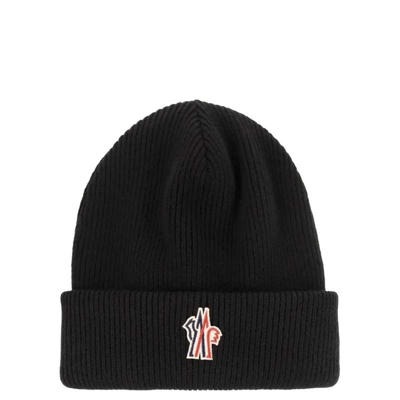 Moncler Hoed Ribbed Knit Wool Cap With Embroidered Logo Patch Black