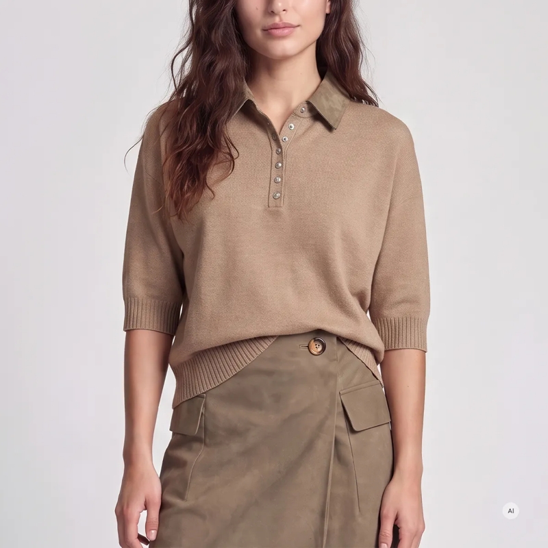 Marc Aurel  Pullover- Poloblende mit Metallknöpfen- Rippena beige(Image 3)